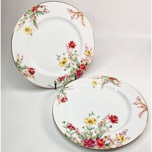 Vtg Set/2 Kent China Springfield Dinner Plates Grannycore Floral Gold Trim 10.5"